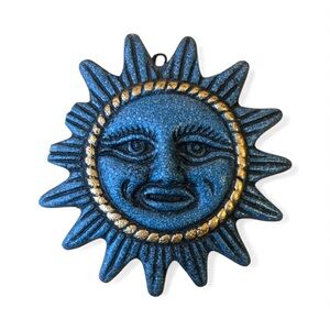 Vintage Blue Celestial Sun Wall Hanging AS IS Textured Resin Gold Accents